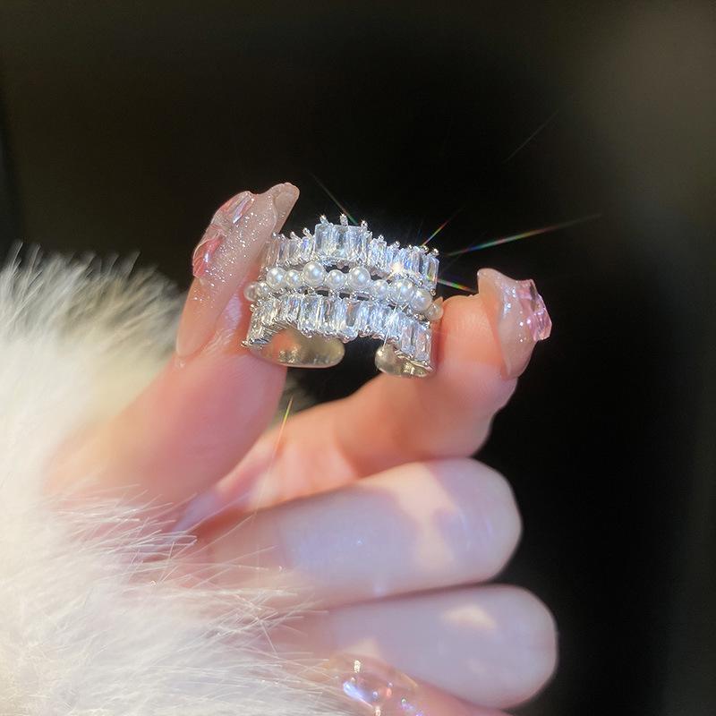 18K Gold Plated Pearl & Diamond Open Ring: High-End Fashion Jewelry for Women