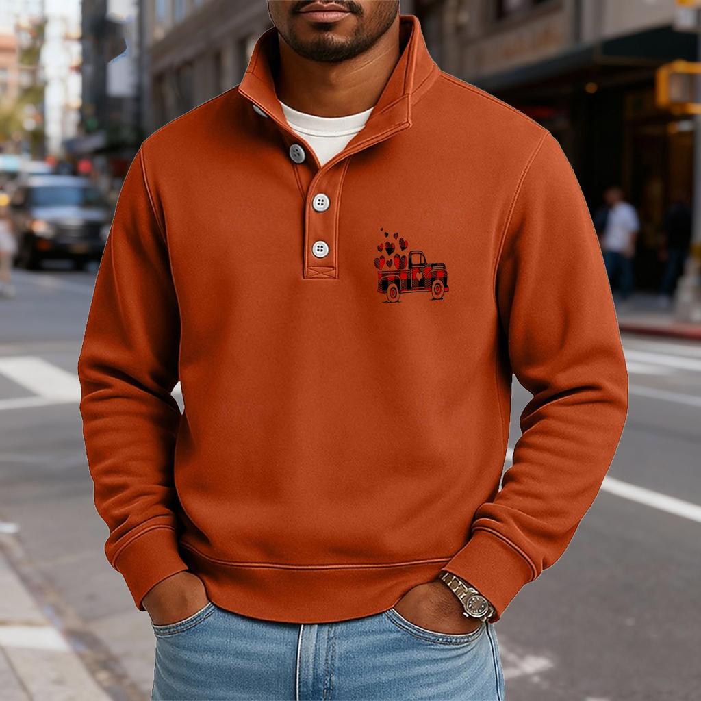 Men's Casual Stand-Up Collar Long-Sleeve Top Print Button-Down Sweatshirt