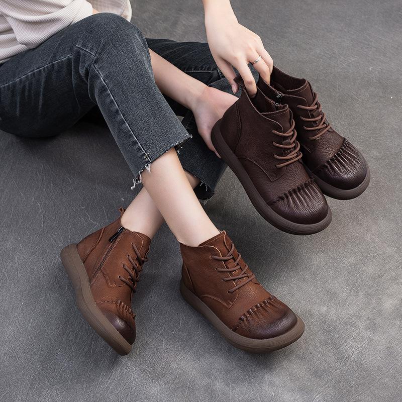 Fashion GKTINOO 2025 Autumn New Retro Genuine Leather Short Boots Round Toe Solid Color Comfortable Sneakers Flat Bottom Women's Shoes