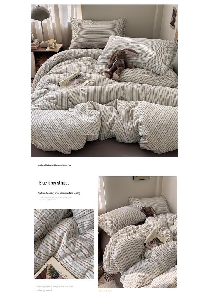 Blogger Style Cotton Striped Bedding Set - 4-Piece Duvet & Sheet Set, Home & Student Use