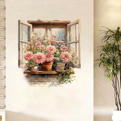 Romantic Window Flowers Wall Sticker Living Room Wall Corridor Background Home Decoration Wall Art Self-Adhesive Waterproof