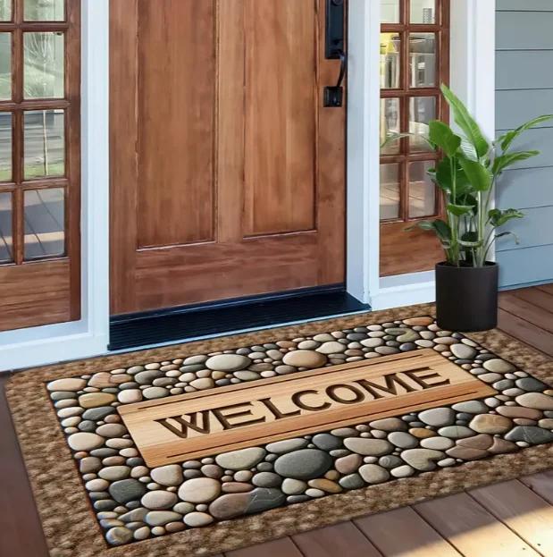 Stone Patterned Welcome Door Mat with A "welcome" Design for Farmhouse and Home Entrance The Front Door Welcome Mat Decoration