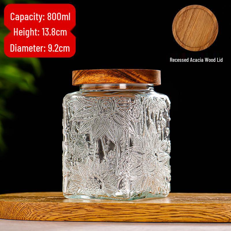 Cylindrical Embossed Glass Storage Jar with Wooden Lid for Dried Fruits and Grains