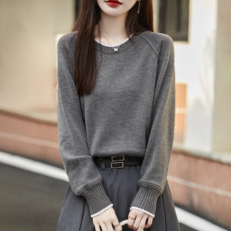 Women S Plus Size Color Block Knit Sweater Loose Crew Neck Pullover