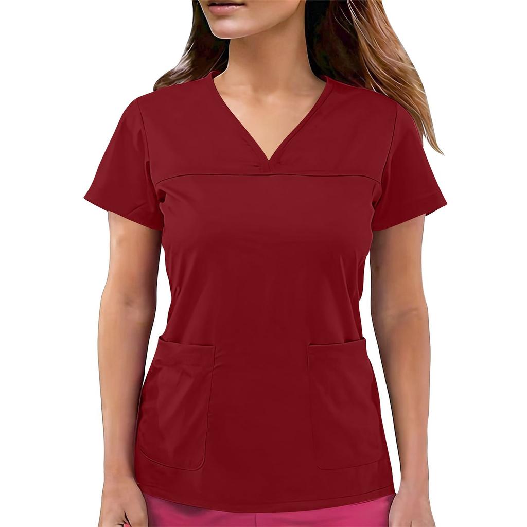 Top de uniforme de cuidador de manga corta con cuello en V de color para mujer con bolsillos de color