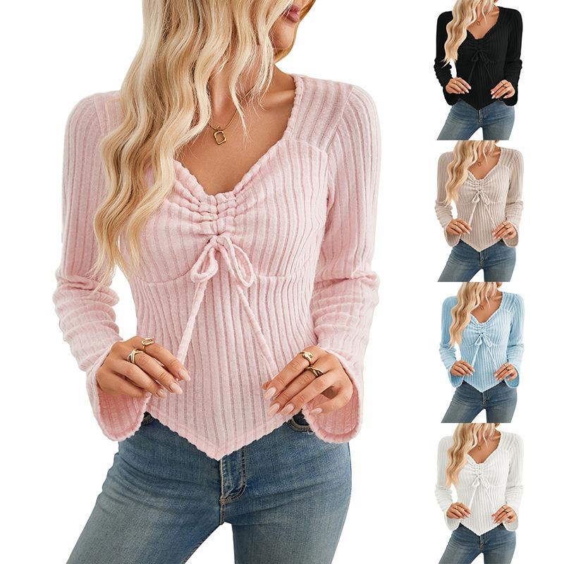 

2025 autumn and winter new products ladies pleated bow long-sleeved striped fashion simple blouse T-shirt 9801 XXL рожевий
