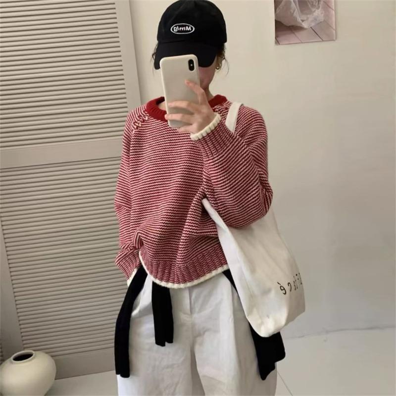 Ленивый ретро полосатый пуловер женский осенне-зимний свободный трикотажный топ с маленьким круглым вырезом one size fits all красный 4340₽