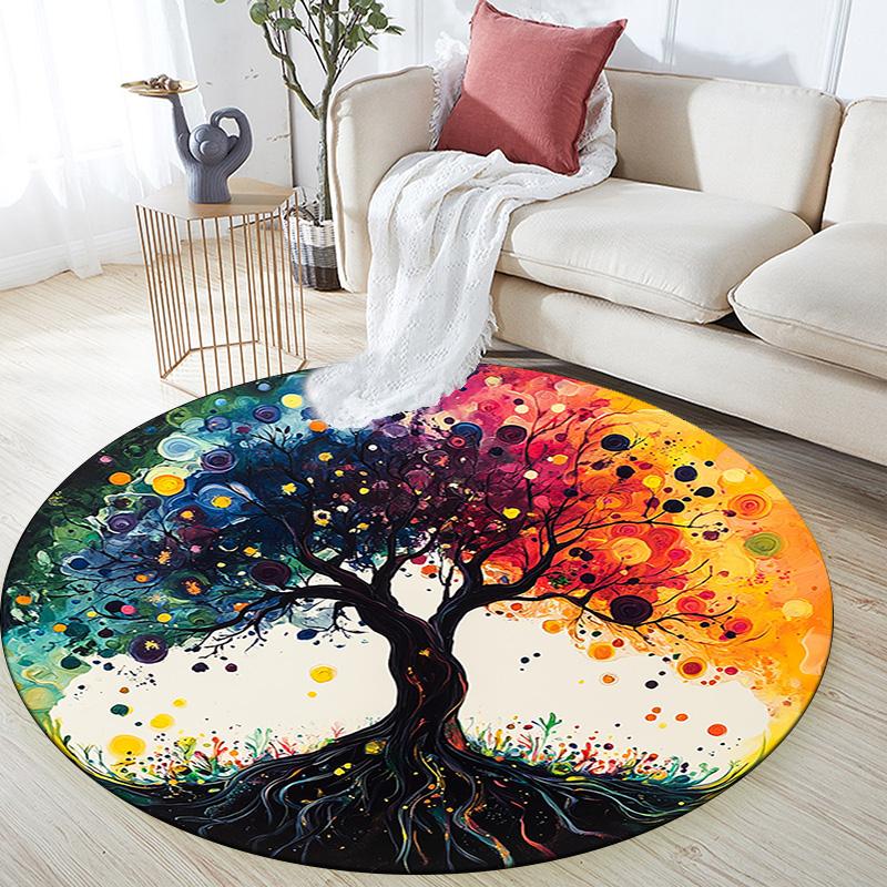 Colorful Tree Round Area Rug,Carpet Rug for Living Room Bedroom Sofa Playroom Decor,Non-slip Floor Mat