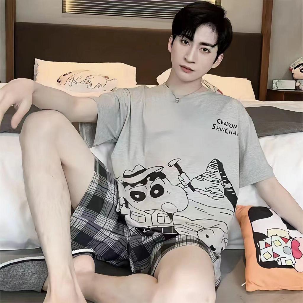 Men's Short-Sleeve Cartoon Pajama Set with Shorts