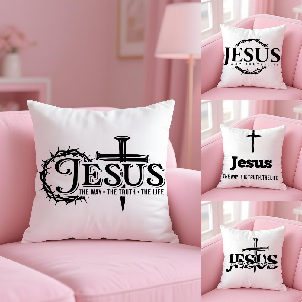 Christian Jesus The Way Truth Life Cushion Cover Plush Fabric Double-Sided Printed Invisible Zipper Sofa Pillow Case Home Decor