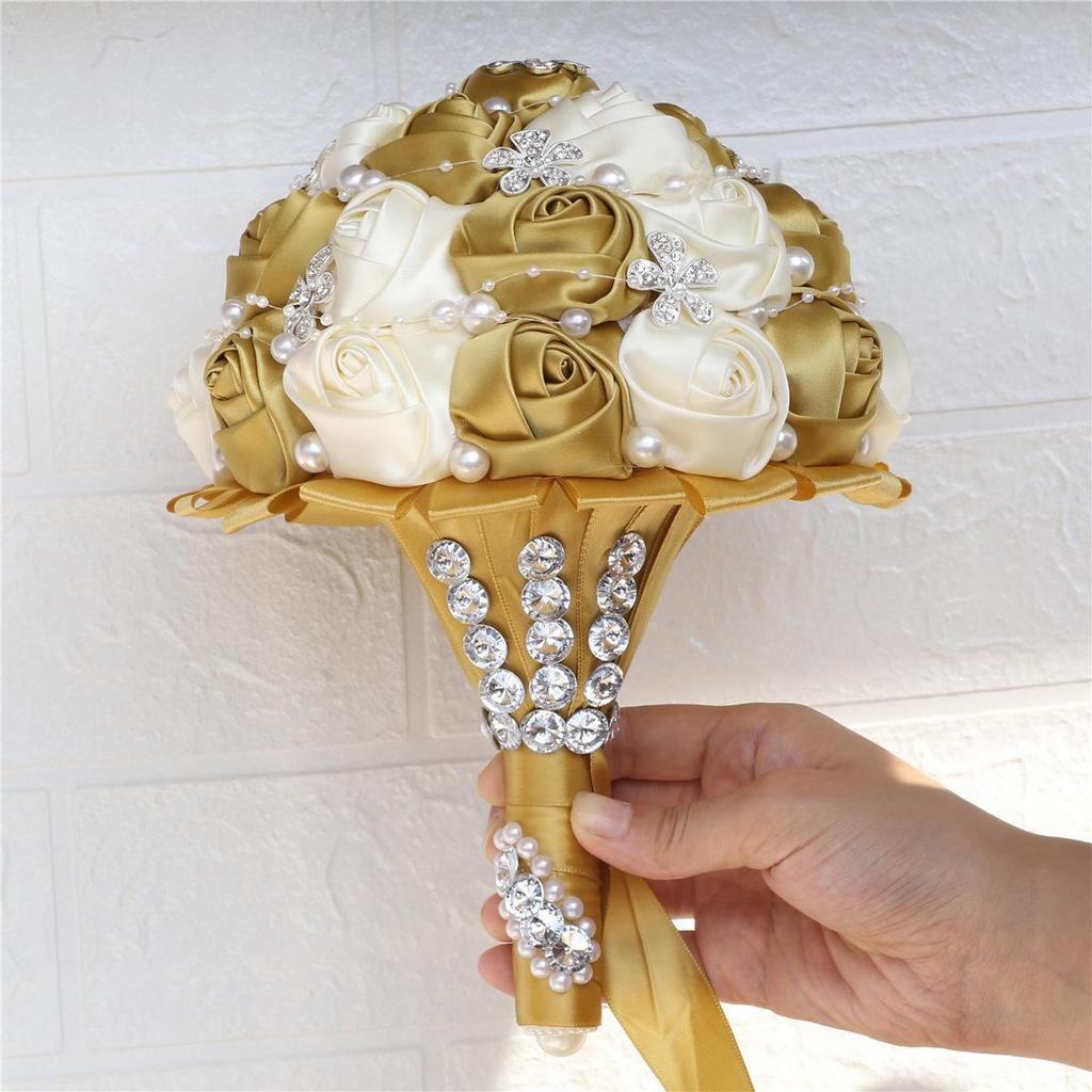 European & American Elegant Ribbon Flower Bridal Bouquet – Beaded Five-Flower Design