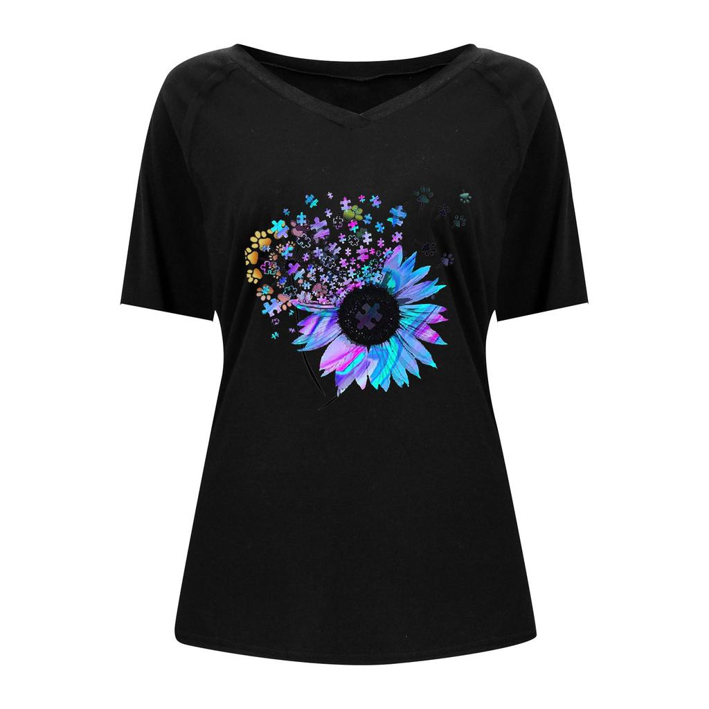 Women's T-shirt V-neck I Sunflower Print Pullover Casual Short-sleeved Top