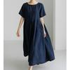 2026 Summer Large Loose Cotton and Hemp Casual Dress Elegant New Round Neck Short Sleeve A-line Dress Female Fashion Solid Color Simple Clothing