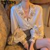 Spring Autumn Chic Retro Embroidered Elegant V-neck Shirt Long Lantern Sleeve Casual Versatile Tops for Women
