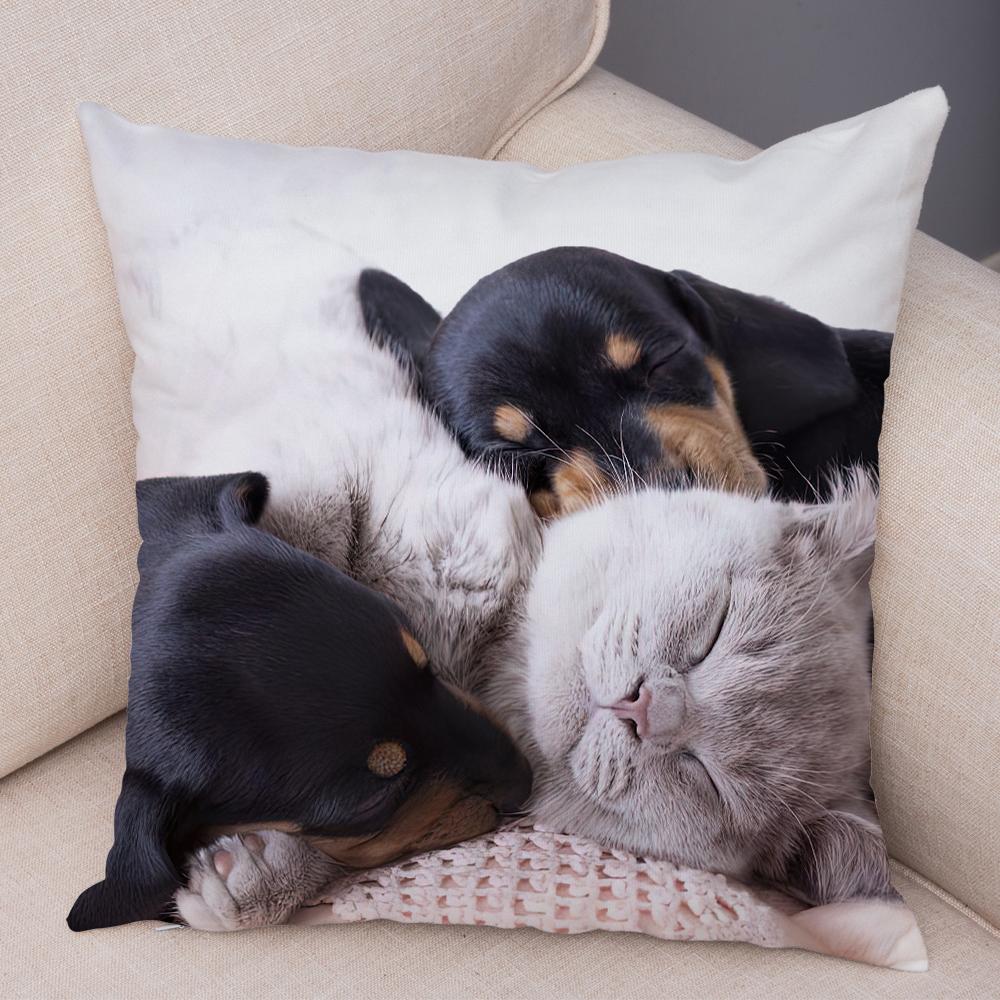 Cute Cat Dog Photo Cushion Cover Realistic Animal Portrait Print Soft Blend Sofa Living Room Bedroom Home Decor Throw PillowCase