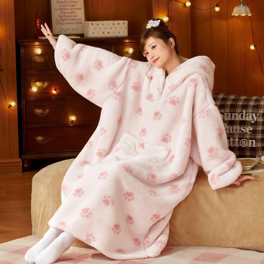 

WOSTAR Теплая зимняя плед-худи из кораллового флиса с рукавами, свитер, взрослый, оверсайз, пушистый, плюшевый, для улицы, носимая худи-плед L 105cm Length