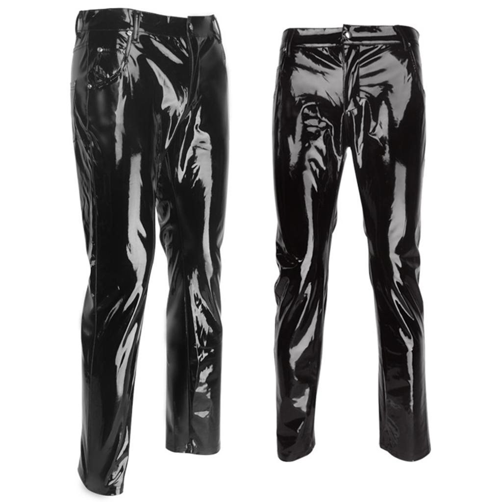 Pantalon Homme Aspect Mouillé Brillant Cuir Verni Taille Moyenne Jambe Droite Pantalon de Performance de Scène de Boîte de Nuit