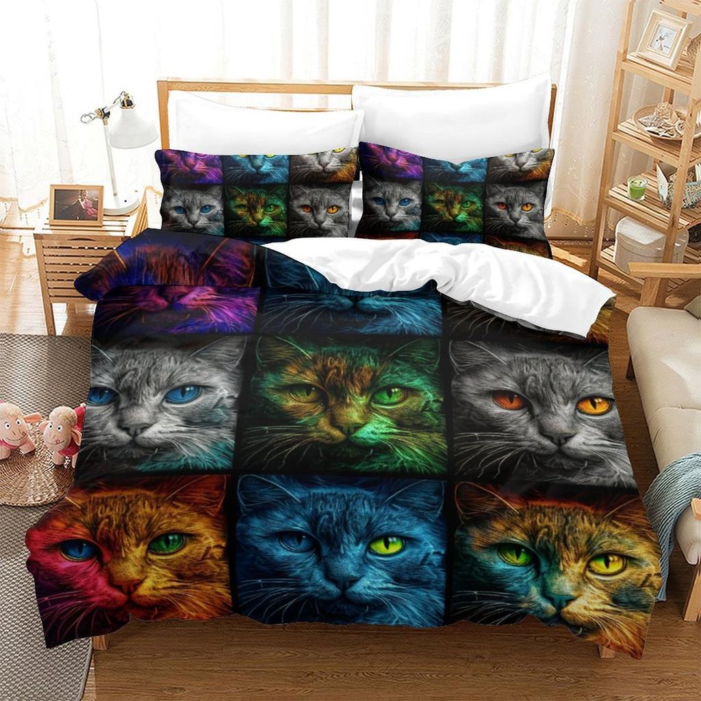 Colorful Cat 3D Digital Printing Polyester Quilt Cover Two Or Three Pieces Can Be