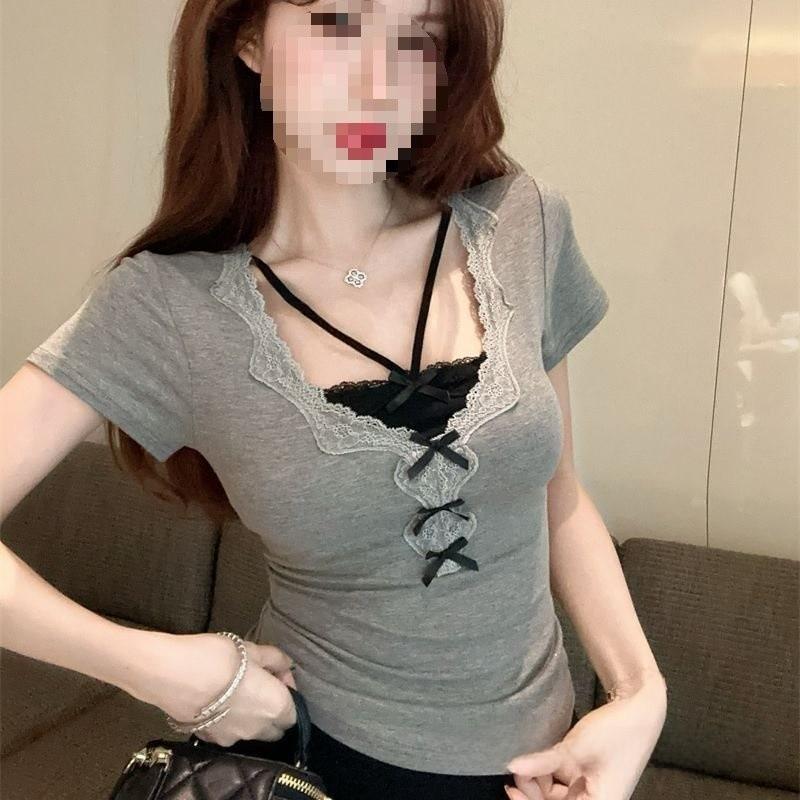 Summer Girl Butterfly Knot Lace T Shirt With Embroidery For Casual Wear