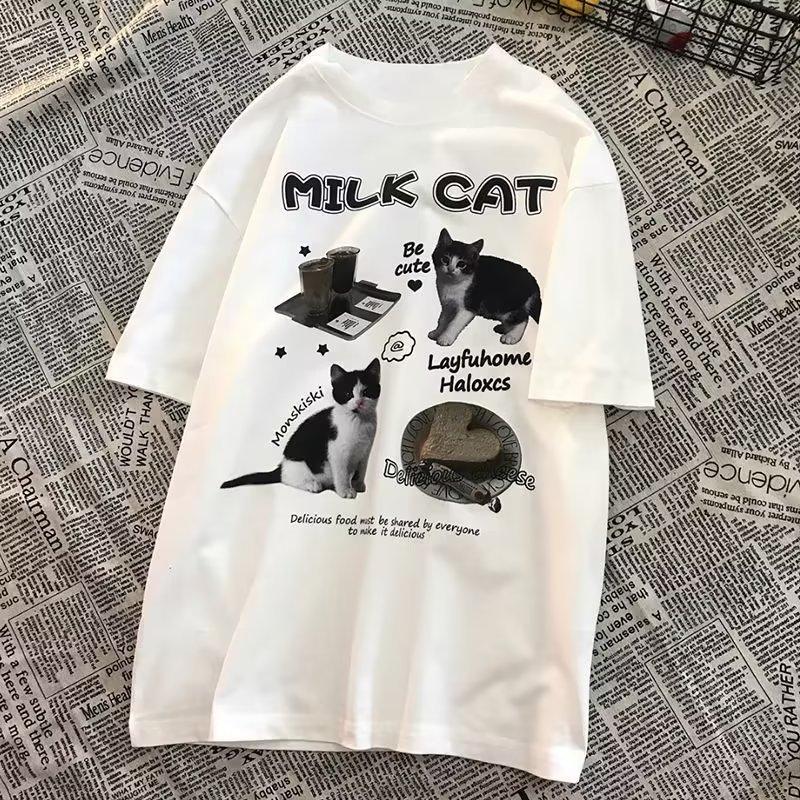 Funny Cat Printed T-shirt for Men and Women The Same Summer China-Chic Five Part Sleeve Cotton Loose Shoulder Sleeve