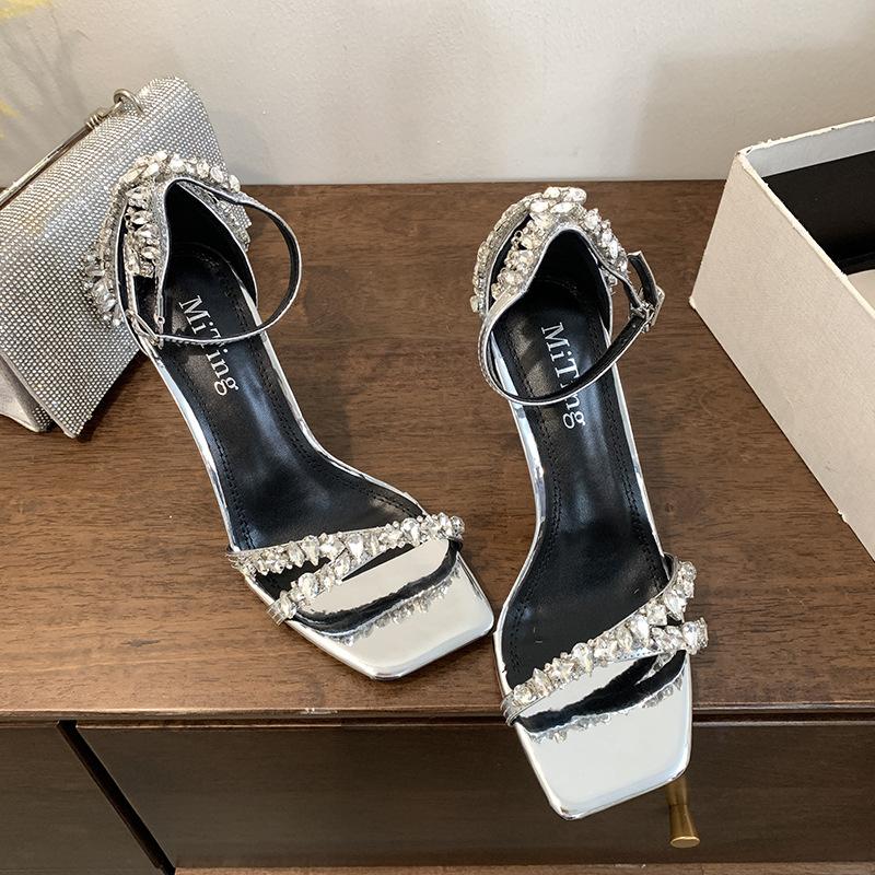 Mi Ting Temperament French Rhinestone Stiletto Sandals Summer Word With Square Head Silver Celebrity High Heels 35 7940₽