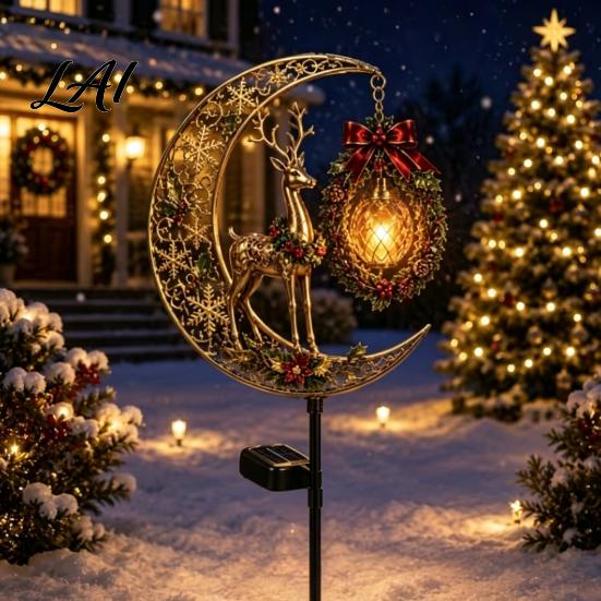 Solar Stake Lights for Walkways Christmas Crescent Light Moon Snowman Garden Waterproof Night Scene Atmosphere LED Pathway Lamp Outdoor Yard