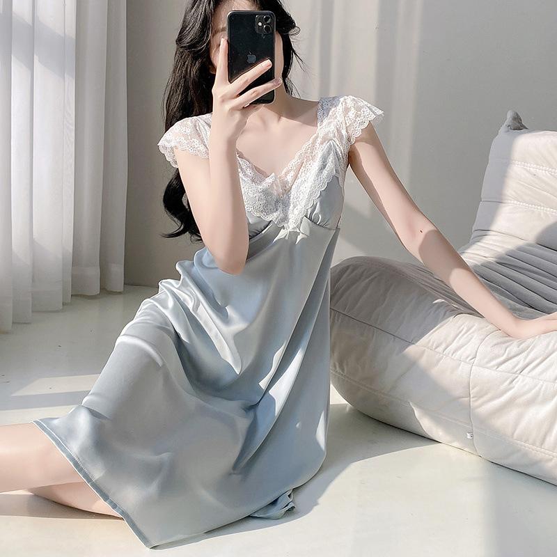 Ice Silk Pajamas Women's Summer 1011 New Sexy Lace Suspender Nightdress with Chest Pad Pure Desire One-word Shoulder Loungewear