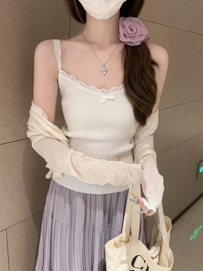 Korean Style Summer Sweet Bow Lace Trim Wool-Blend Knit Camisole Vest