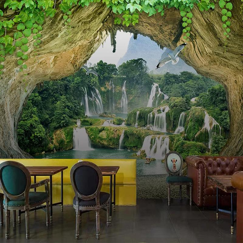 Cave Waterfall 3d Stereoscopic Scenery Wall Paper For Living Room Kitchen Restaurant Bar Wall Decor Mural Wallpaper
