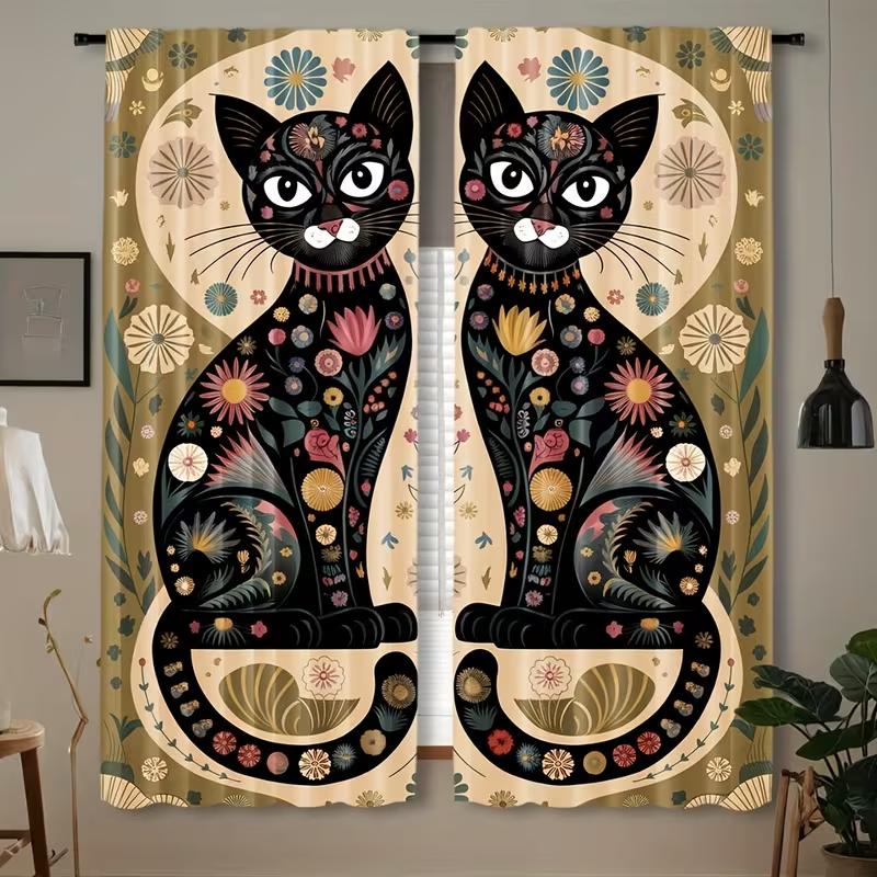

2pc Floral Painted Black Cat Curtains, Pastoral Art Style, Suitable for Bedrooms & Living Rooms, Rod Pocket Decorative Curtains 53x116CM-2PC