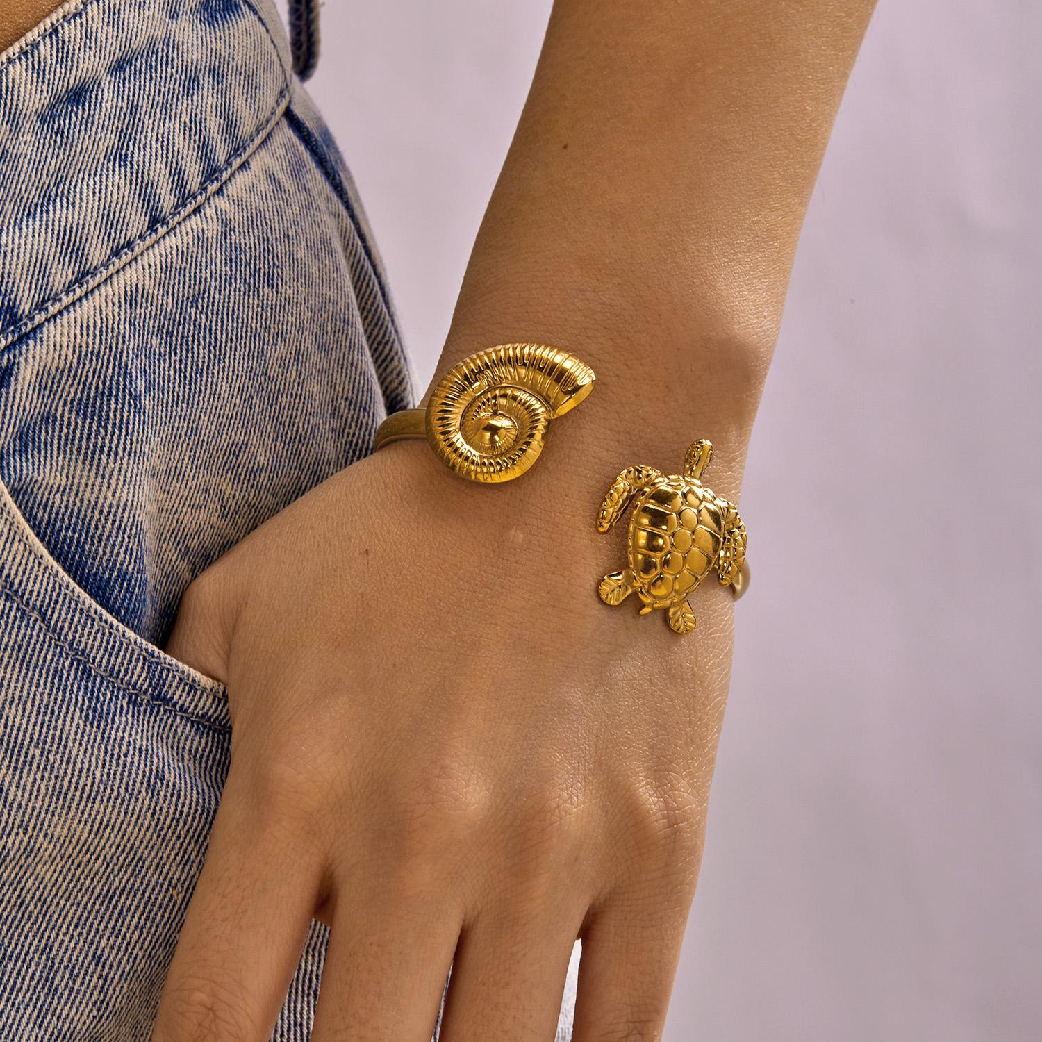 Stainless Steel Ocean Series Wide Bangles for Women Gold Color Metal Shell Starfish Wave Open Cuff Bracelet Beach Party Zircon