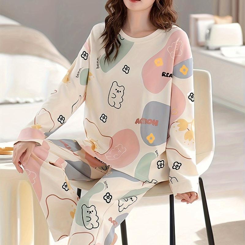 Autumn and Spring Long-Sleeve Women's Home Wear Pants Cartoon Set Pajamas for Ladies