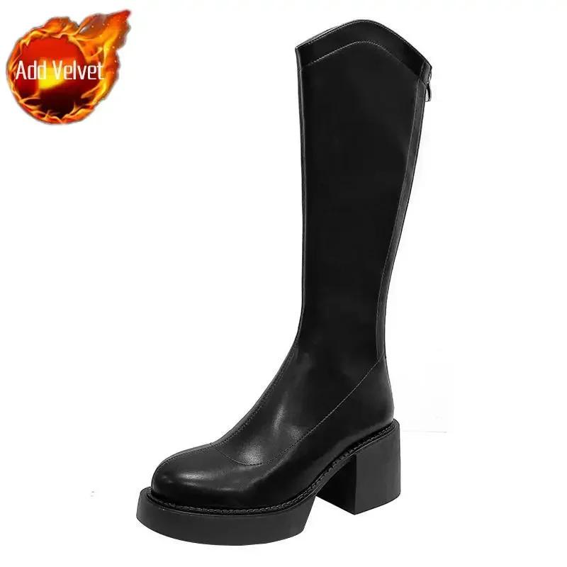 Fashion Black High Heels Elegant Heeled Long Boots for Women Round Toe On Offer Pu Goth Comfortable Work Chic Hot Knee Shaft Shoes Woman