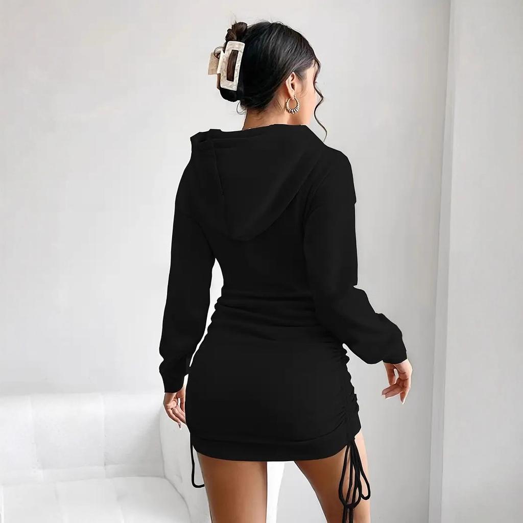Autumn and winter new European and American women's clothing ins slim-fitting hooded waist-wrapped hip a-word skirt solid color dress