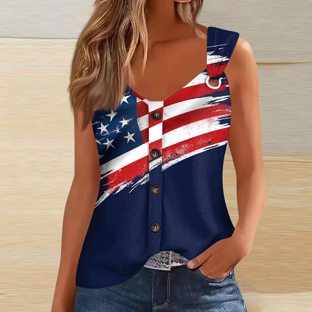 Women's Fashion Casual Loose Sleeveless Buttoned V-Neck Independence Day Printed T-Shirt Top