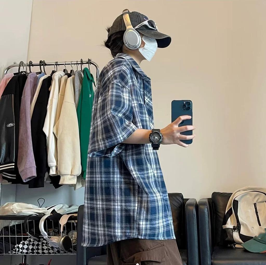 Japanese Plaid Shirt Men's Short-sleeved Spring and Autumn All-match Youth Casual Loose Tooling Shirt Jacket