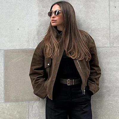 2025 Turn-Down Collar Zip Cardigan with Pockets - European & American Style Solid Color Short Jacket