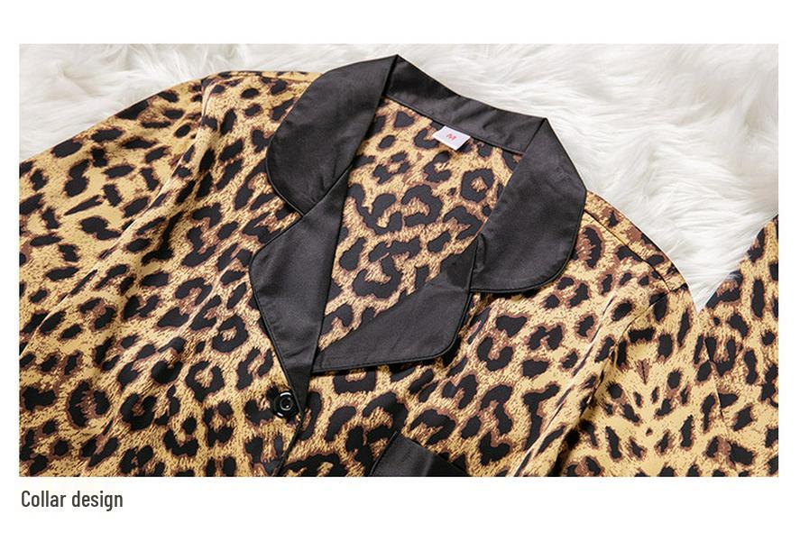 Women's Leopard Print Ice Silk Two-Piece Set – Breathable Long Sleeve Top & Pants for Summer