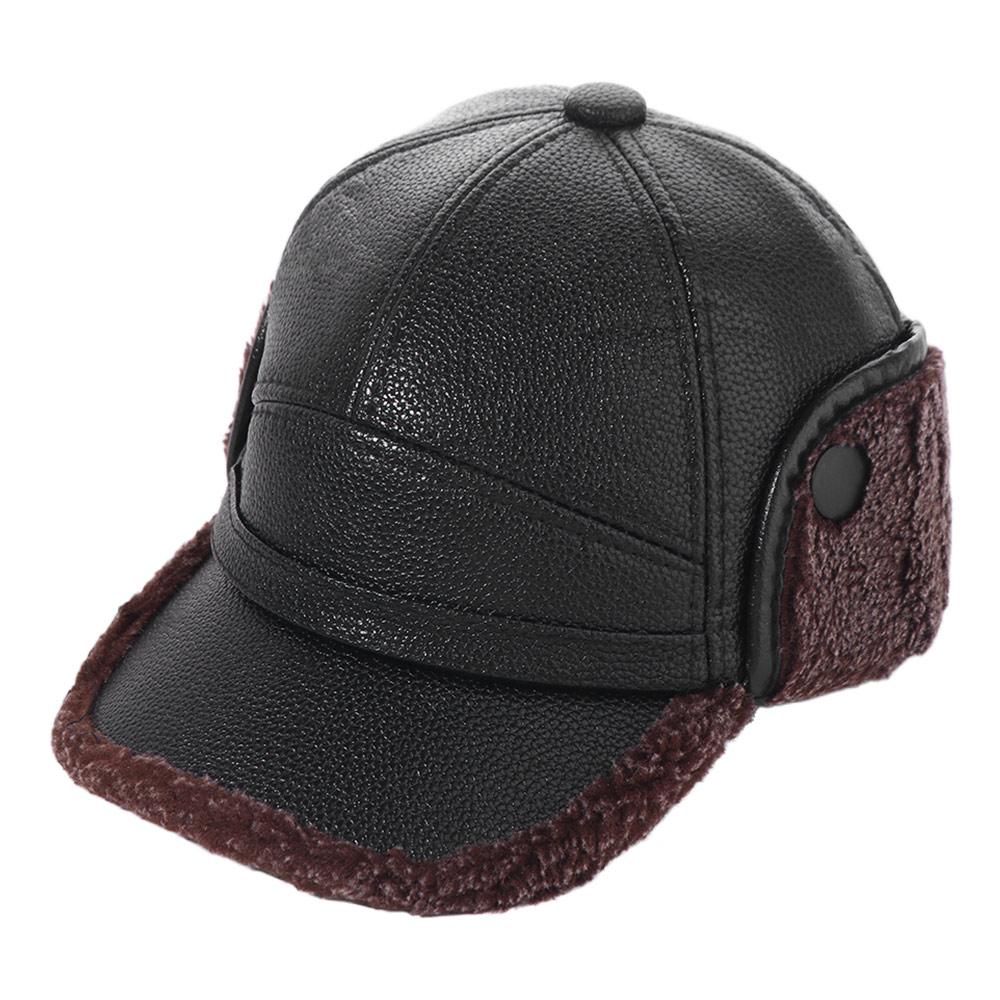 Simple PU Leather Men Baseball Cap Plush Thicken Earflaps Caps with Earmuffs Keep Warm Ear Protection Hat Winter коричневый