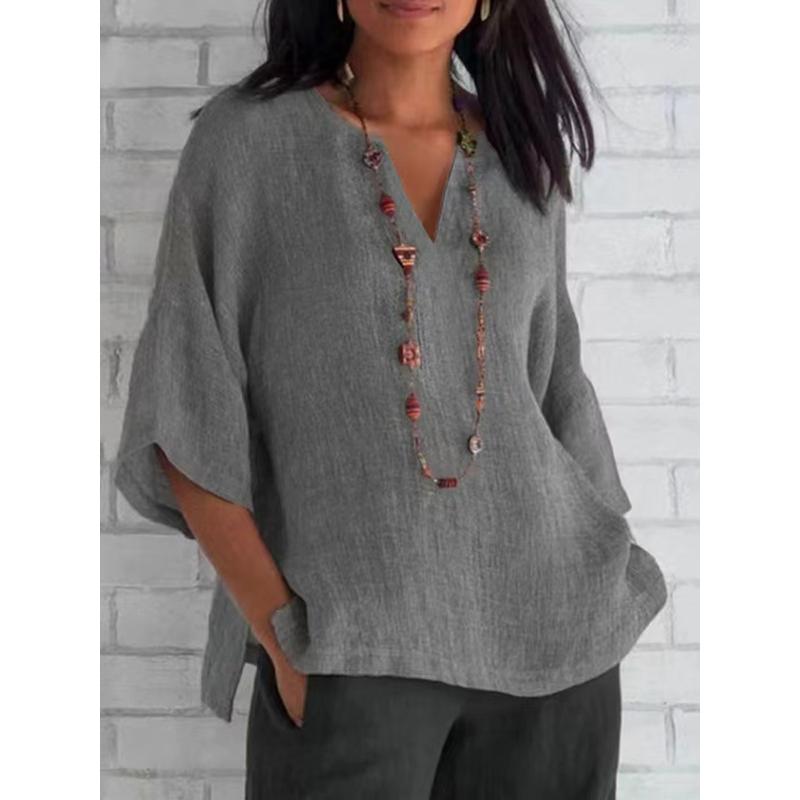 Summer V-neck Solid Color Loose Casual T-shirt Cotton Linen Shirt