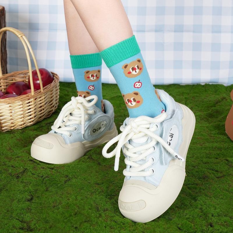 Cute Striped Apple Teddy Bear Mid-calf Cotton Socks - Pile-style Winter/spring Children's Cartoon Sports Socks