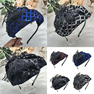 High Skull Lace Bowtie Headband French Sequins Half Hat Hairhoop Female Teaparty Hair Covering Formal Hair Decoration