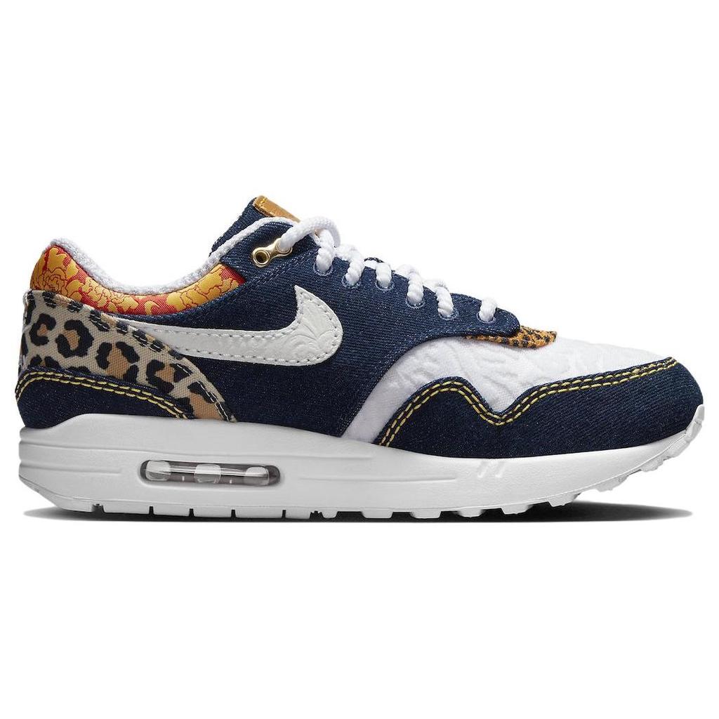 Nike Air Max 1 Premium Denim Leopard Herren Sneaker Blau Gewaschen-Dunkelblau Pikantes-Rot FJ4452-432