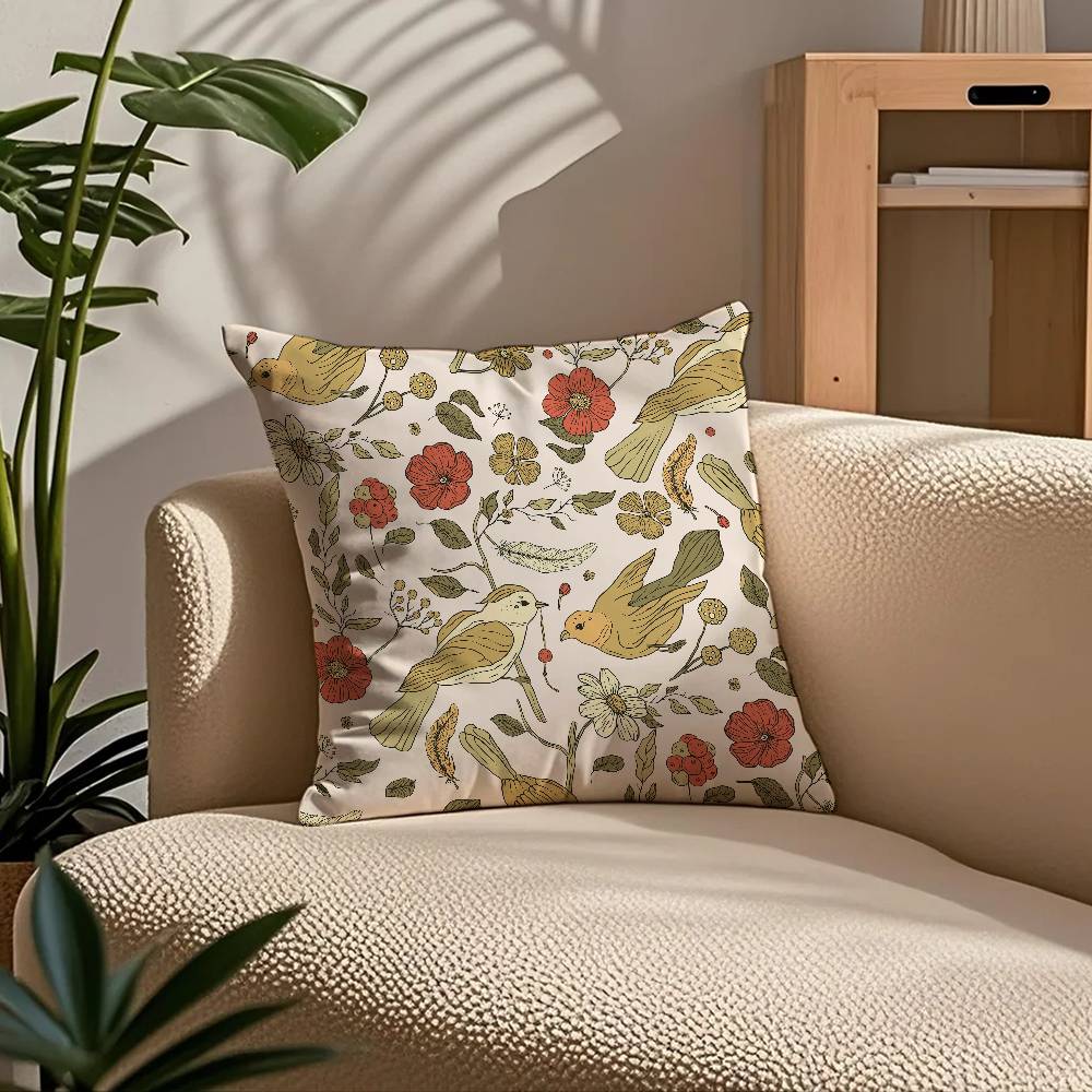 Birds Butterflies Flowers Pillow Case Comfort Sofa Bed Silky Elegant Invisible Zipper Custom Decorative Cushion Cover