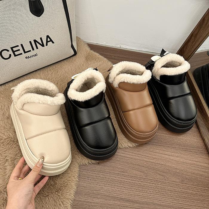 Women's leather waterproof lightweight height-enhancing thick sole winter warm fur one snow boots plush lined non-slip casual sports cotton boots