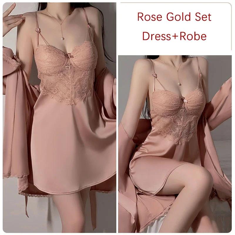 Women's Robe Dress Set Camisole Bra Smooth Lace Plaid Dress Women's Silk Pajamas