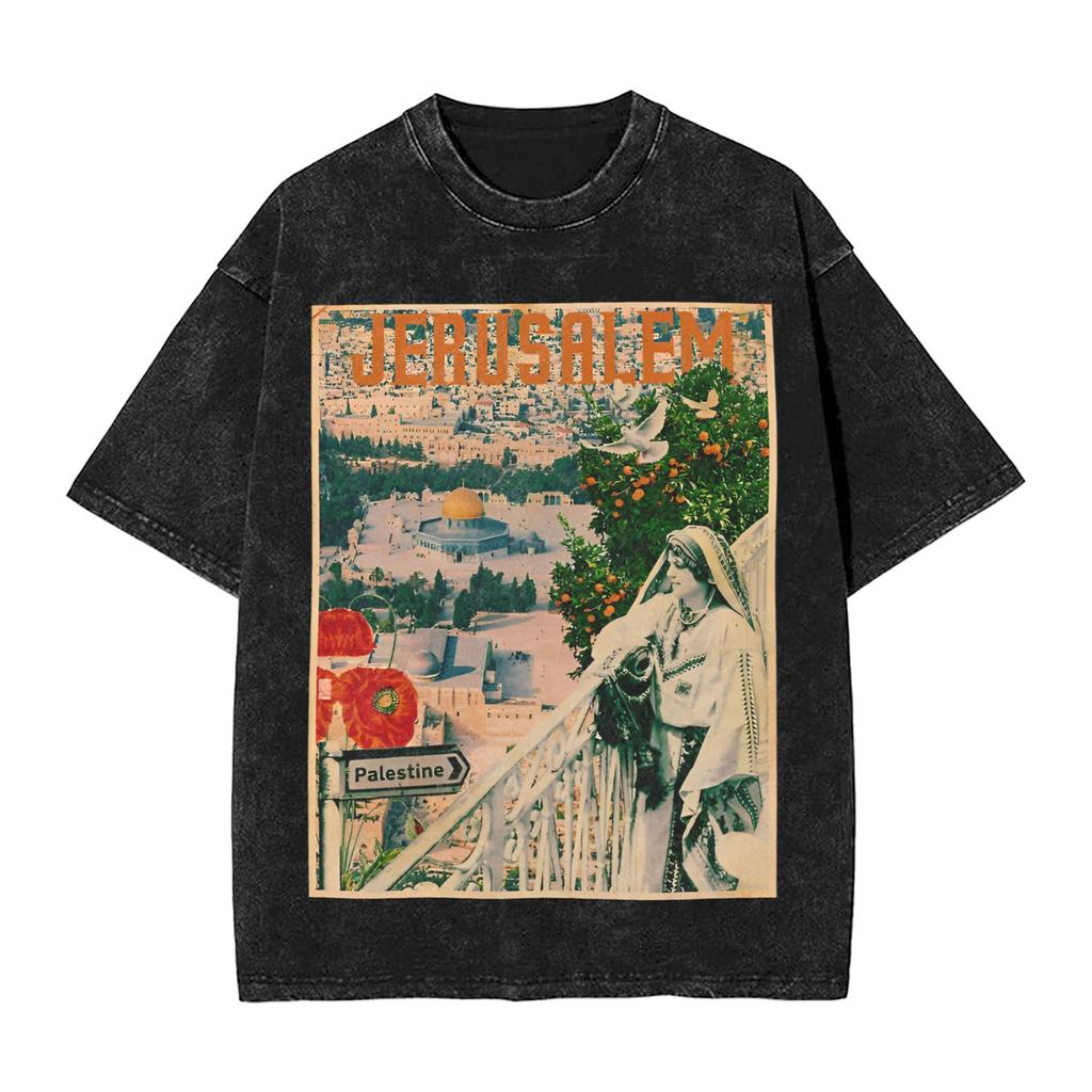 Streetwear Washed T-Shirt Palestine Jerusalem vintage poster Cotton T Shirts Hipster Tee Shirt for Men Summer Casual Clothes