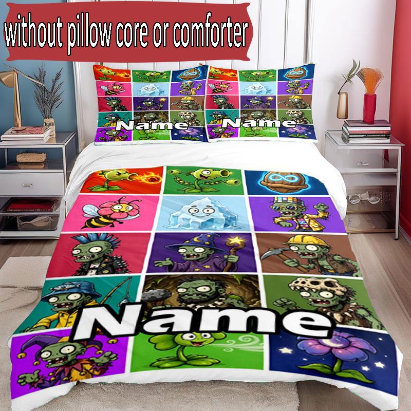 3pcs Duvet Cover Set (1*Duvet Cover + 2*Pillowcase, Without Core), Custom Name Plants Vs. Zombies Pattern Bedding Set, Home Bedroom Decor Gift
