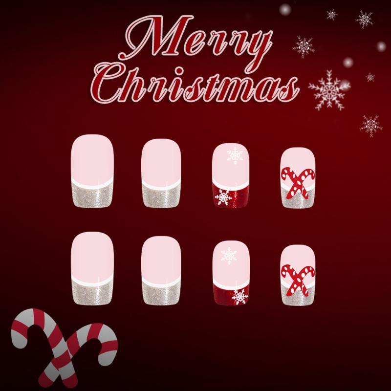 Christmas French Glittering Art Short Fake Nail With Snowflake Cane Design No Tools Needed ABS Materials