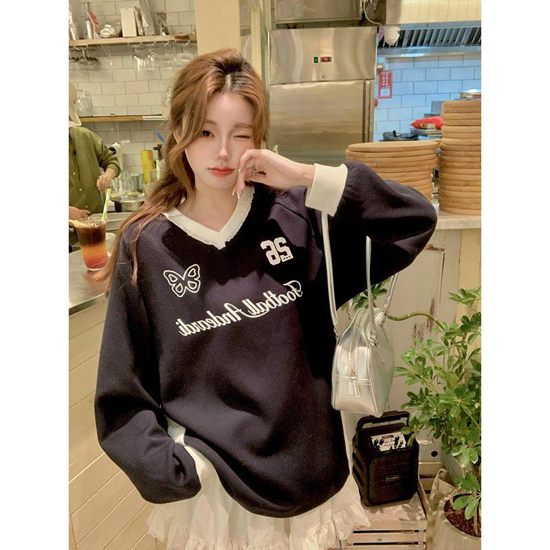 

Женский хлопковый свитшот с кружевной отделкой, цветной блок, V-образный вырез – стиль американского колледжа S темно-синий